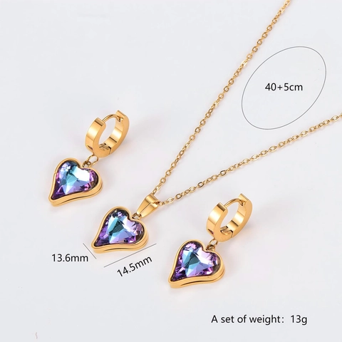 Stainless Steel Heart Gradient Purple Blue Crystal Necklace And Earrings Gold Fashion Elegant Commuter Jewelry Gift For Women