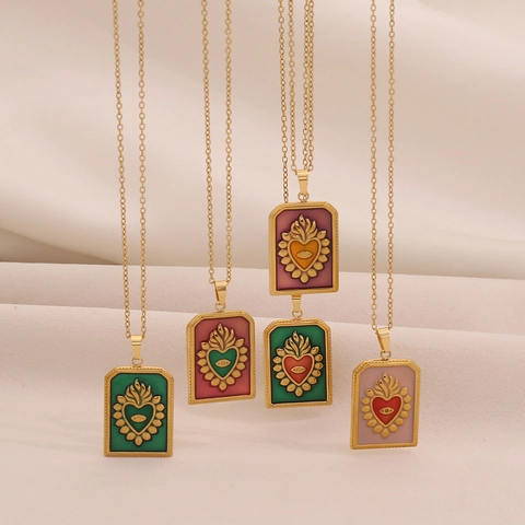 Heiliges Herz Böser Blick Tarot Karte Anhänger Halskette Edelstahl Bunte Emaille Rechteckig Trendiger Schmuck