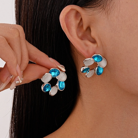 Vintage Flower Cluster Stud Earrings Alloy Cat Eye Stone Rhinestone With Silver Earring Post Elegant Geometric For Women