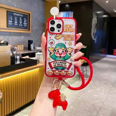Custodia Per Telefono In Silicone Rosso Capodanno Per 15 16 17 Pro Max Con Cordino E Ciondolo A Forma Di Cavallo Cartone Animato