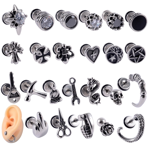 Stainless Steel Punk Rock Stud Earrings For Women Men Gothic Cross Skull Dragon Rhinestone Ear Piercing Jewelry Steel Color