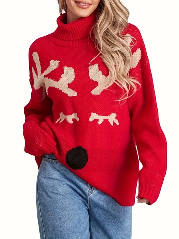 Maglione In Maglia Natalizio Da Donna Renna Collo Alto Maniche Lunghe Festivo Inverno Maglione Largo Con Naso Pompon Dimensionale
