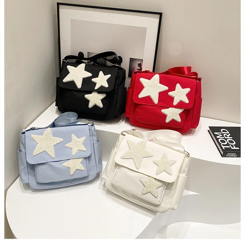 Dames Canvas Schoudertas Grote Capaciteit Met Pluche Ster Patch Casual Crossbody Messenger Tas Voor School