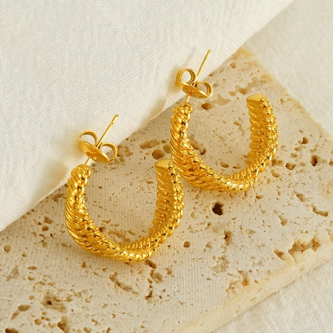 Irregular U Shaped Hoop Earrings 18K Gold Plated Stainless Steel Twisted Rope Texture Retro Elegant Jewelry For Women