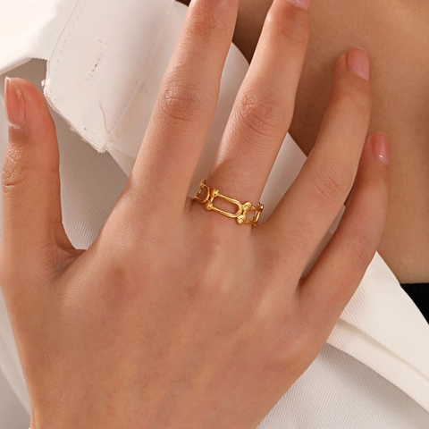 Anillo De Cadena Hueca Geométrica Bañado En Oro De 18K Acero Inoxidable Minimalista Ajustable Abierto Joyería Para Mujeres