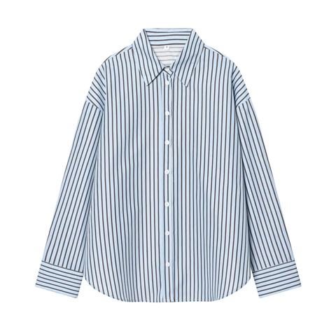 Blusa De Rayas Para Mujer Poliéster Algodón Manga Larga Con Botones Cuello Solapa Ajuste Holgado Casual Oficina
