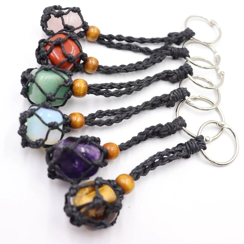Handmade Woven Net Natural Raw Stone Keychain Healing Crystal Bag Pendant With Wood Bead Ethnic Style