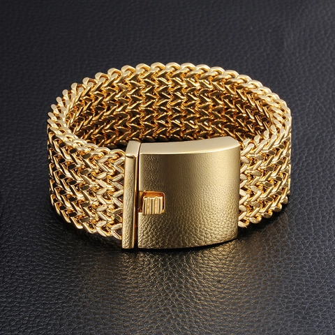 Men Wide Mesh Bracelet Titanium Steel Heavy Industrial Woven Chain With Push Buckle Gold Silver Tone Jewelry
