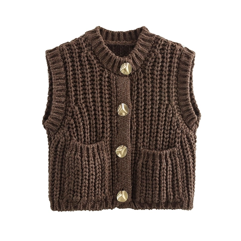 Women Chunky Knit Cardigan Vest Round Neck Single Breasted Sleeveless Sweater With Pockets Retro Solid Color Casual