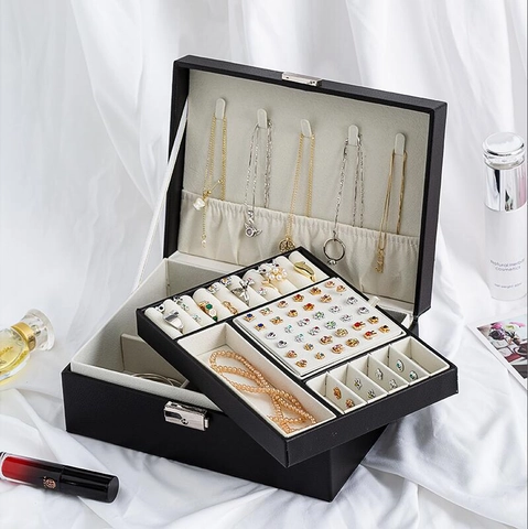 Double Layer PU Leather Jewelry Organizer Box Large Capacity Jewelry Storage Box With Metal Lock And Velvet Lining For Women