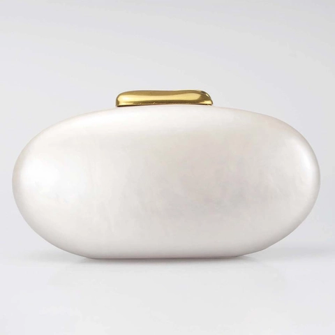 Women Acrylic Evening Clutch Bag Oval Shell Shape Artificial Pearl Texture Gold Snake Chain Wedding Party Crossbody Purse