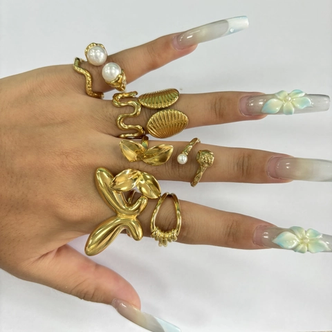 Stainless Steel Gold Plated Adjustable Open Ring With Faux Artificial Pearl Elegant Wave Flower Leaf Jewelry For Women Fashion