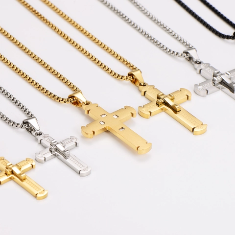 Collar Para Hombre Con Colgante De Cruz De Acero Inoxidable 304 Doble Capa Patrón Griego Joyería Religiosa Hip Hop Cadena Box