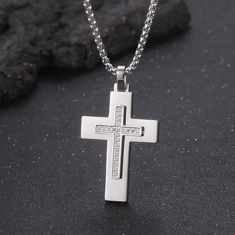 Collana Con Pendente A Croce Acciaio Inossidabile Con Strass Doppio Strato Hip Hop Gioielli Da Uomo Accessorio