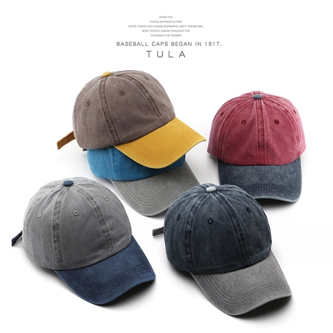 Vintage Washed Cotton Baseball Cap Distressed Color Block Sun Protection Adjustable Dad Hat For Men Women