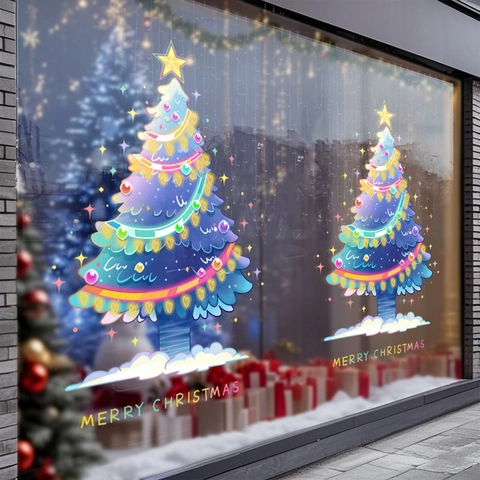 Christmas Tree Window Clings PVC Static Sticker Double Sided Colorful Holiday Glass Decor Cartoon Merry Christmas Decal