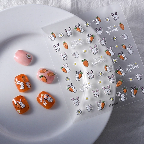 5D Embossed Nail Stickers Cute Cartoon Rabbit Carrot Flower Patterns DIY Self Adhesive Nail Art Decals For Women Fashion