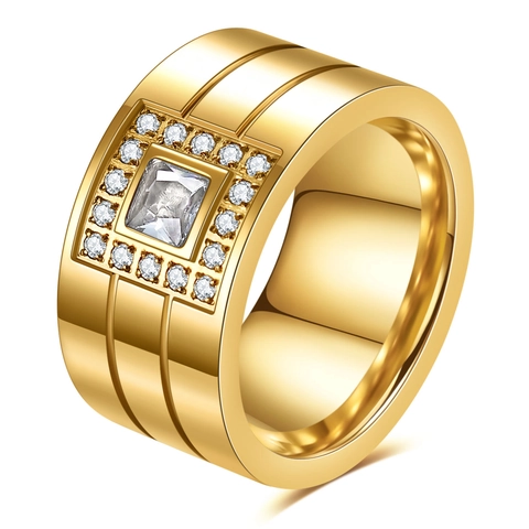 Quadratischer Zirkonia Geometrischer Ring Edelstahl 18K Vergoldet Breites Band Modeschmuck Für Damen