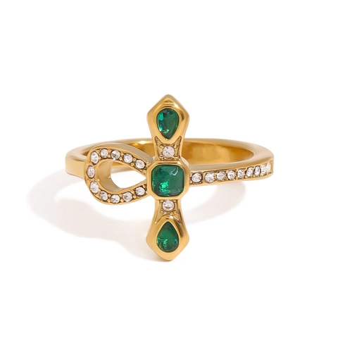 Emerald Green Zircon Cross Ring 18K Gold Plated Stainless Steel Snake Design Waterproof Hypoallergenic For Women