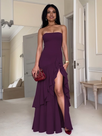 Women Sexy Bandeau Maxi Dress Ruffle High Slit Solid Color Elegant Banquet Party Sleeveless Tube Top Polyester