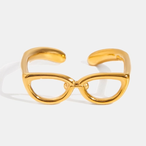 Glasses Frame Shaped Ring 18K Gold Plated Stainless Steel Adjustable Opening Waterproof Trendy Novelty Jewelry For Women