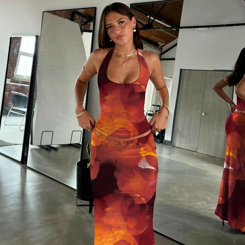 Women Floral Print Halter Neck Backless Crop Top And Slim Fit Maxi Skirt Polyester Spandex Vacation Style