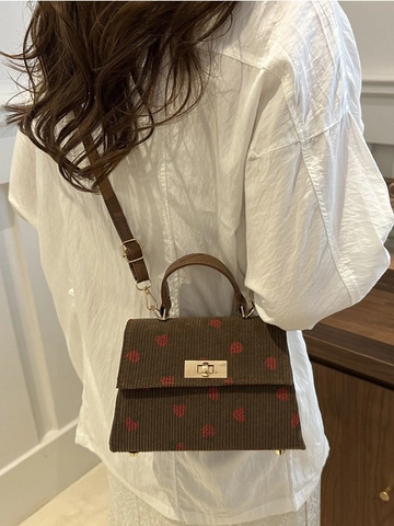 Sac Bandoulière Femme Velours Côtelé Fraise Léopard Sac À Main Serrure Métallique Poignée Sangle Réglable Mode Sac Épaule