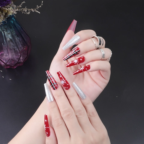 Unghie Finte Press On Lunghe Coffin Natale Rosso Fiocco Di Neve Quadri Glitter Per Festa Invernale Donne