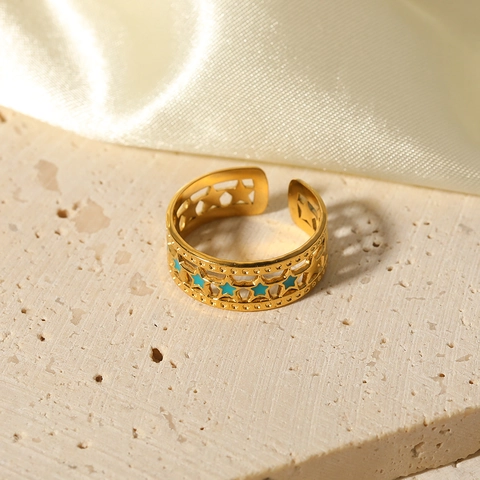 Anello In Acciaio Inossidabile Stella Smalto Placcato Oro 18K Regolabile Aperto Pentagramma Geometrico