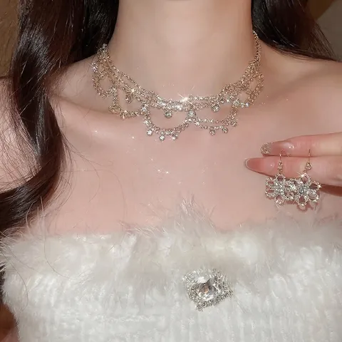 Collier Et Boucles D'oreilles Fleurs En Strass Avec Tige En Argent Luxe Gland Multicouche Style Palais Femmes Cuivre