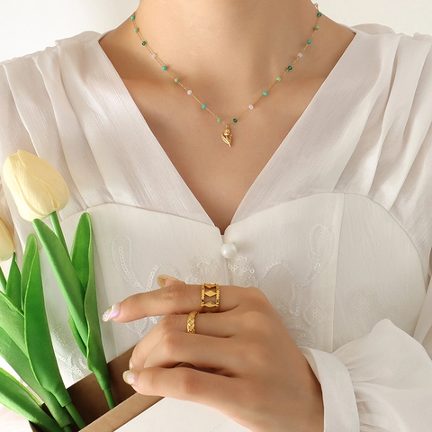Collana Con Ciondolo A Tulipano Placcato Oro Acciaio Al Titanio Con Perline Di Cristallo Verdi E Bianche Gioielli Eleganti Vintage Francesi Per Donne