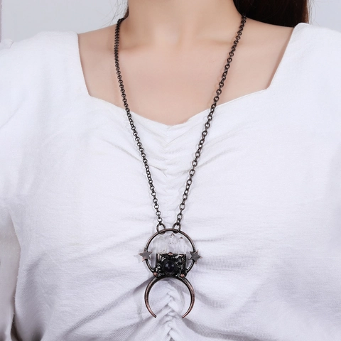 Collana Con Ciondolo Luna Stella in Rame Vintage Con Pilastri in Ametista Naturale e Cristallo Bianco Gioielli Boho da Donna