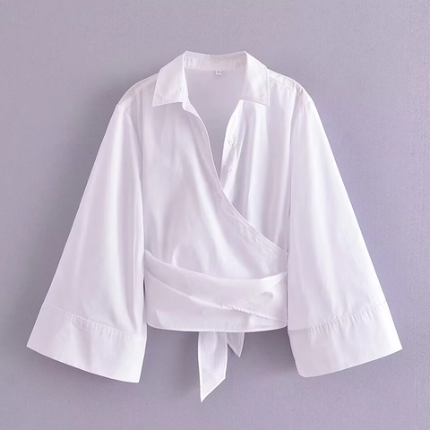 Elegant V Neck Wrap Tie Waist Blouse Flare Sleeve Solid Color Polyester Shirt Women