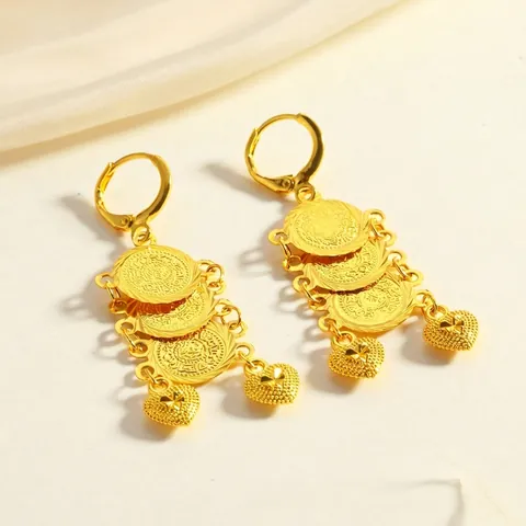 Vintage 18K Gold Plated Copper Coin Heart Drop Earrings For Women Dubai Middle Eastern Style Bohemian Party Jewelry Gift