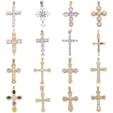 Religiöse Kreuzanhänger Kupfer Mikropflaster Zirkon Künstliche Perle Emaille Böser Blick Jungfrau Maria DIY Schmuck