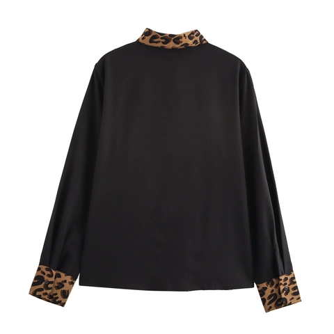 Women Long Sleeve Blouse Leopard Print Patchwork Contrast Color Lapel Collar Retro Loose Fit Polyester Shirt
