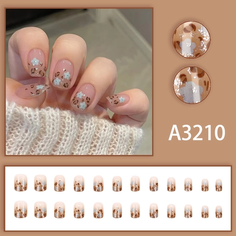 Leopard Print Press On Nails Short Square Round Nude Pink Blue Flower Design Glossy Artificial False Nails For Women