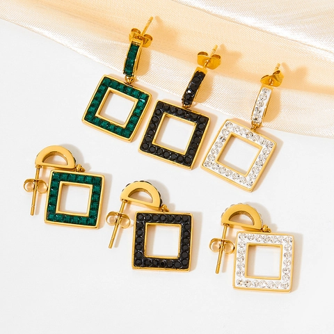 Stainless Steel Hollow Square Dangle Earrings Inlaid Cubic Zirconia Elegant Geometric Drop Jewelry For Women