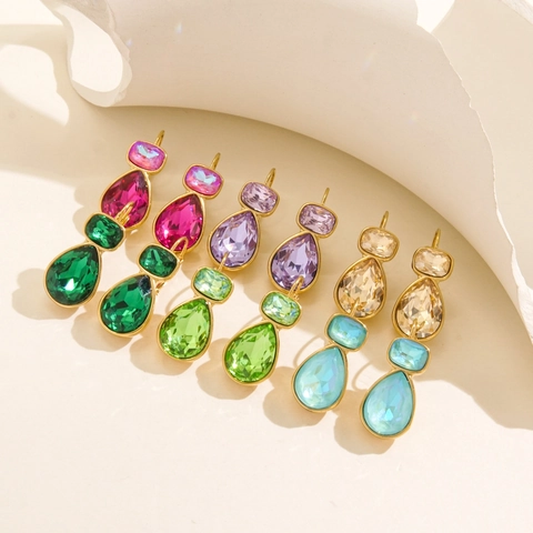 Teardrop Dangle Earrings Stainless Steel Gold Plated Colorful Zircon Crystal Water Drop Vintage French Style For Women