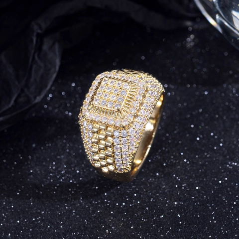 Hip Hop Men Square Ring Copper Iced Out Cubic Zirconia Micro Pave Full Diamond Business High Street Jewelry For Men