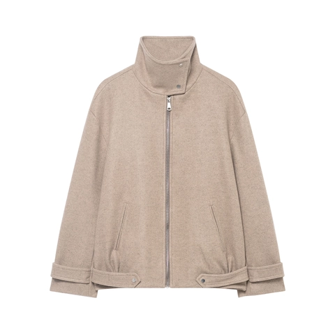 Women Stand Collar Bomber Jacket Solid Color Loose Fit Outerwear Coat With Zipper And Pockets Woolen Texture Polyester