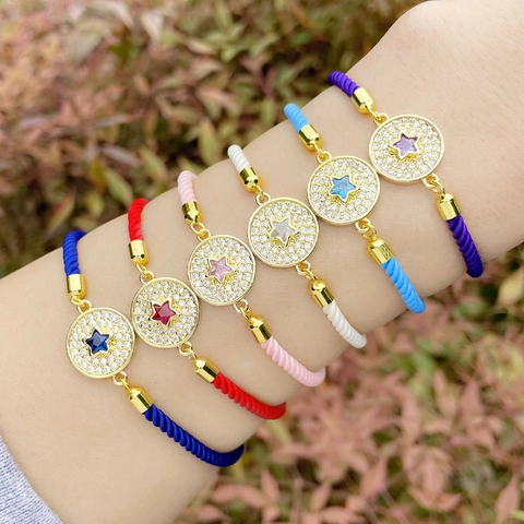 Star Round Pendant Bracelet 18K Gold Plated Copper Colorful Twisted Cotton Rope Adjustable Micro Pave Cubic Zirconia