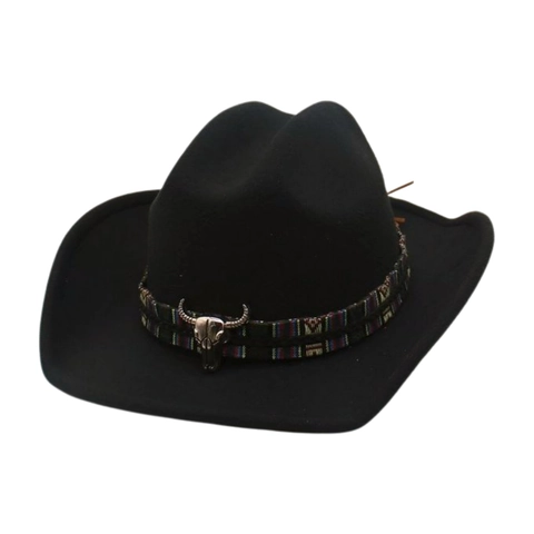 Western Cowboy Hat Polyester Felt Wide Brim With Ethnic Woven Band And Metal Bull Skull Ornament Vintage Style For Men Women
