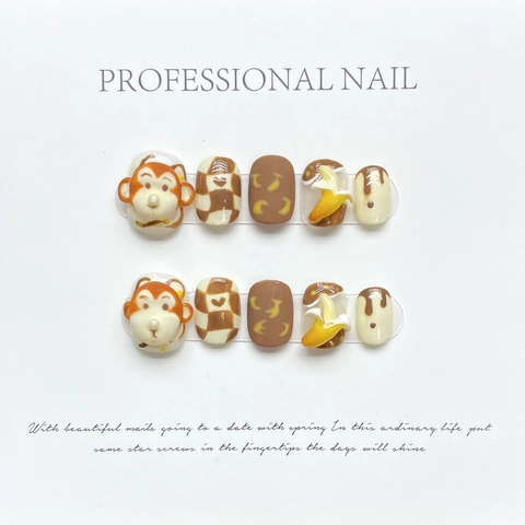 Handgemaakte Press On Nails 3D Cartoon Aap Banaan Geruit Ontwerp Kawaii Zoete Stijl Herbruikbare Manicure Voor Vrouwen