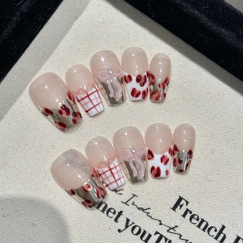 Uñas Postizas Hechas A Mano Estampado Leopardo Rosa Espejo Francés Ataúd Uñas Artificiales Con Decoración Lazo 3D Para Mujer