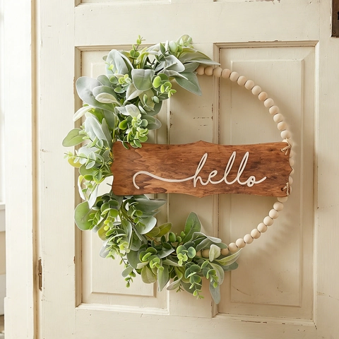 Artificial Eucalyptus Door Wreath With Wood Beads And Hello Wooden Sign Farmhouse Front Door Wall Hanging Decoration