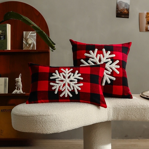 Funda De Cojín De Navidad Cuadros Buffalo Bordado Copo De Nieve Árbol Poliéster Algodón Decoración Hogar