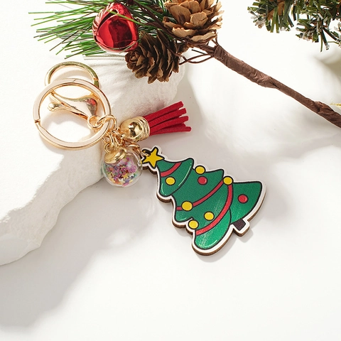 Portachiavi Albero Di Natale Legno Lega Nappa Rossa Sfera Paillettes Pendente Borsa Regalo Festivo