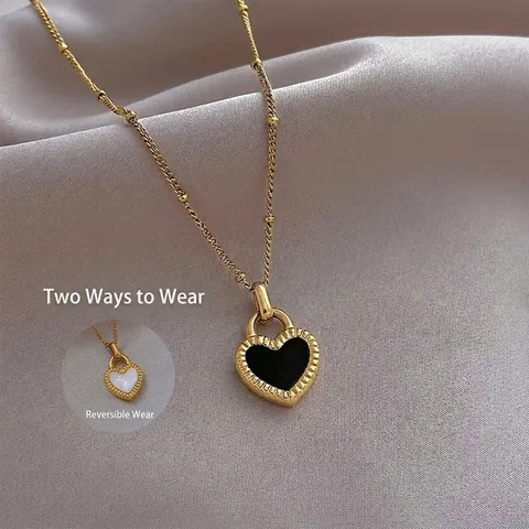 Titanium Steel Double Sided Heart Pendant Necklace For Women Artificial Pearl Black White Enamel Gold Plated Clavicle Chain