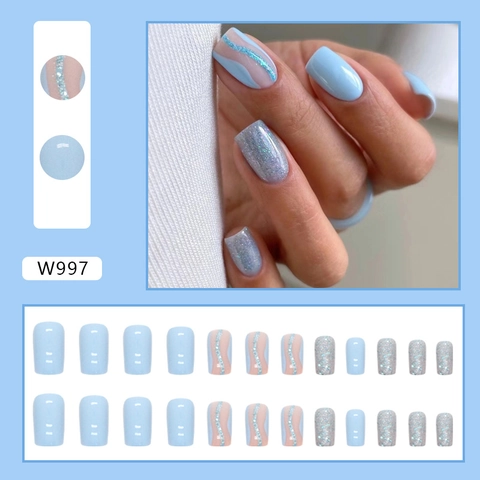 Unghie Finte A Pressione Blu Chiaro Onda Estiva Glitter Lucide Manicure Artificiale Per Donne